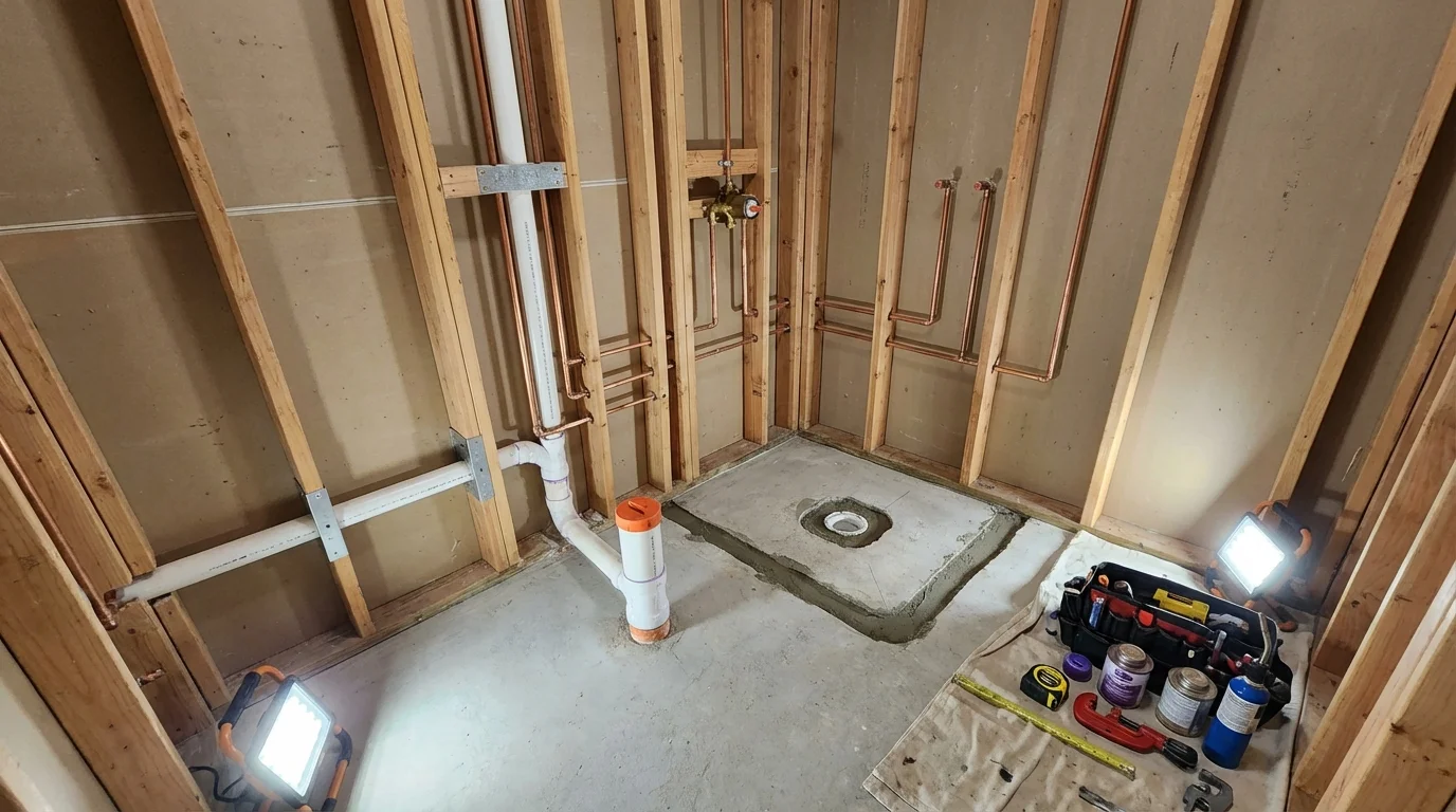Bathroom rough-in plumbing during remodel by Johns Plumbing LLC in Folsom
