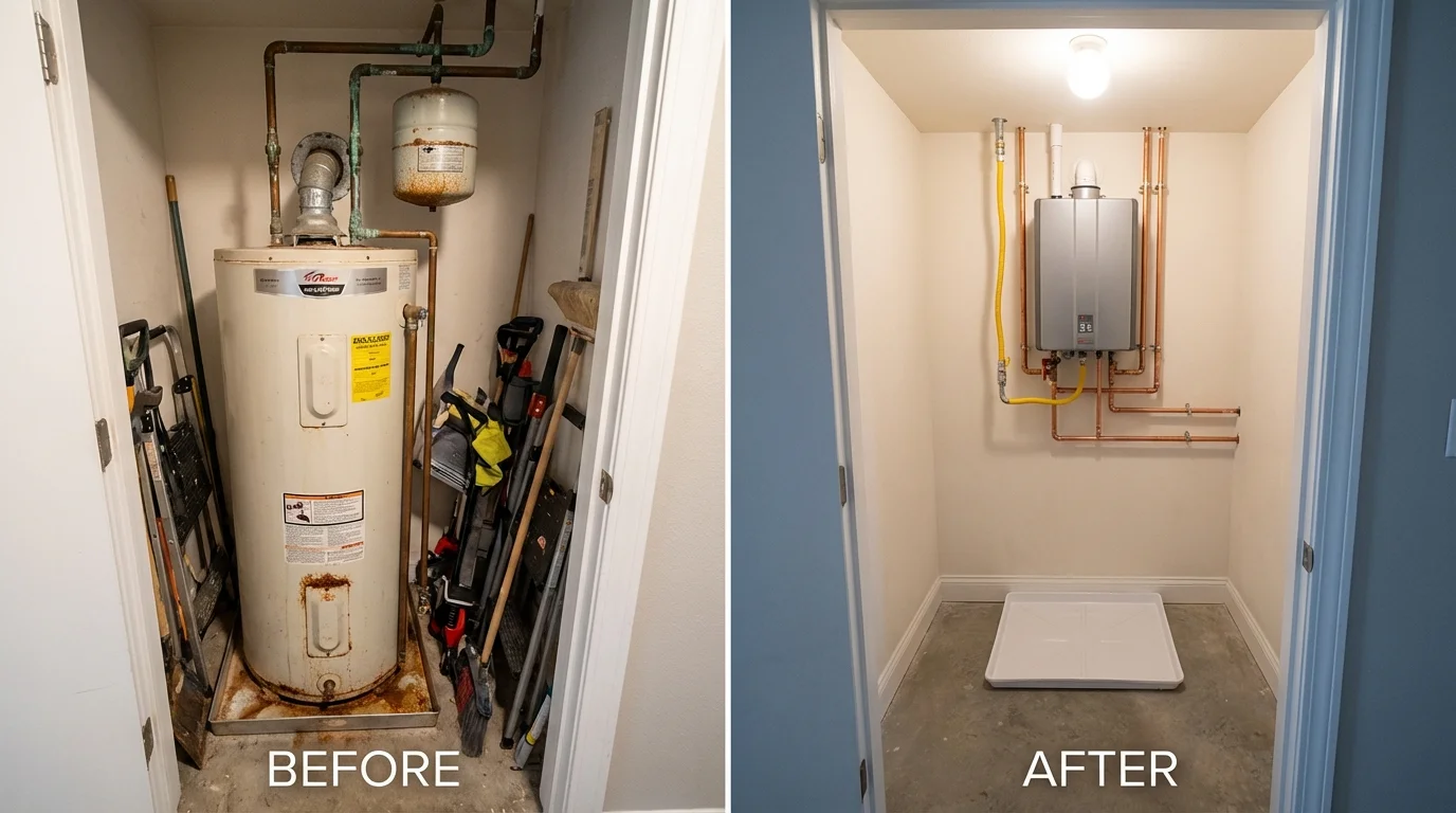Tank water heater versus wall-mounted tankless unit comparison for Folsom, PA homeowners