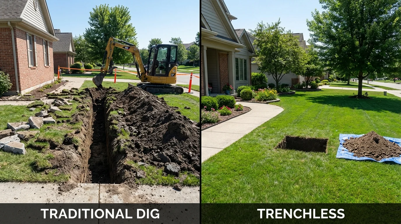 Trenchless sewer repair with minimal yard damage versus traditional excavation in Folsom, PA