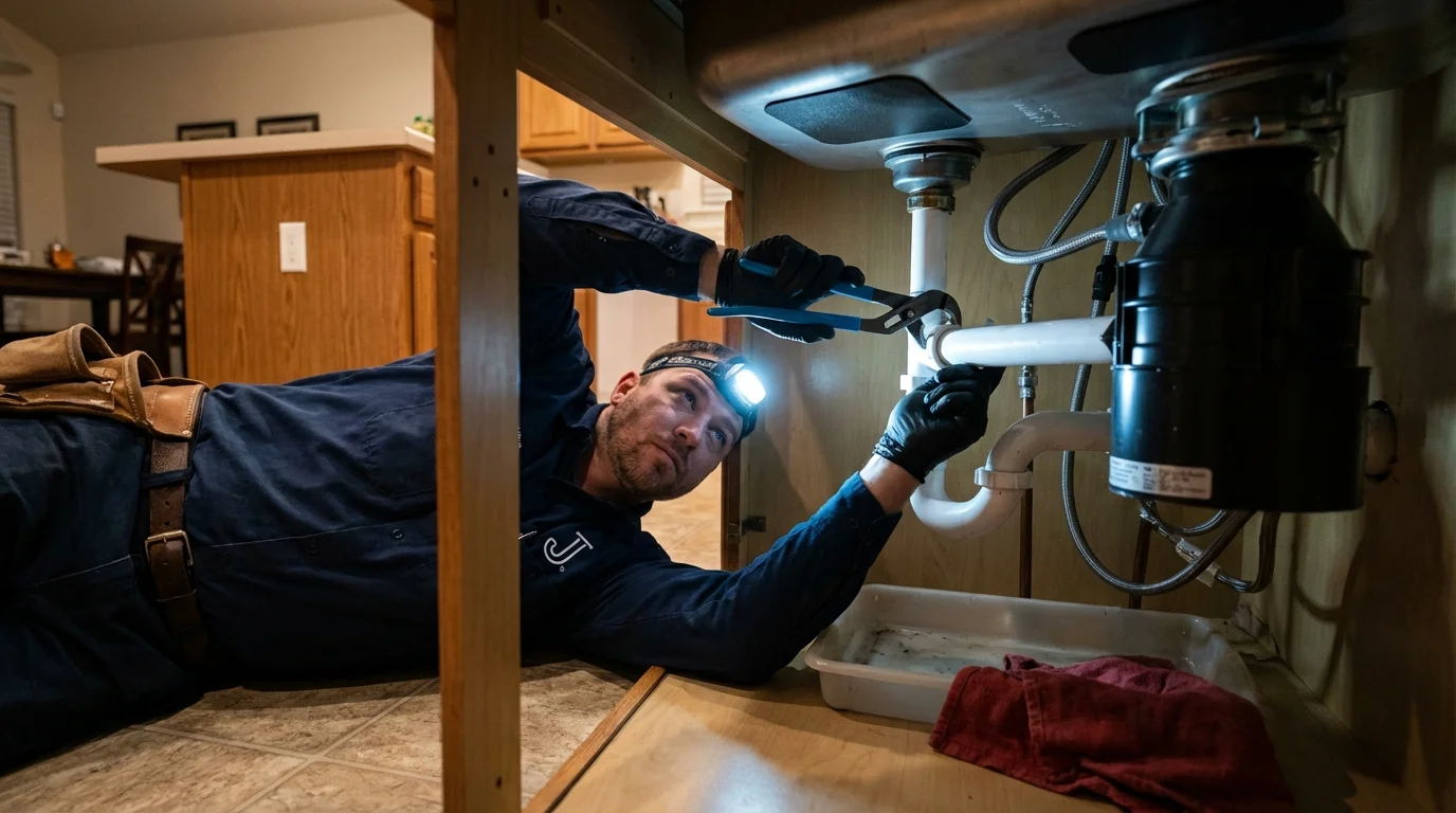 P-trap and supply line connections under a kitchen sink showing a common leak point in Folsom, PA